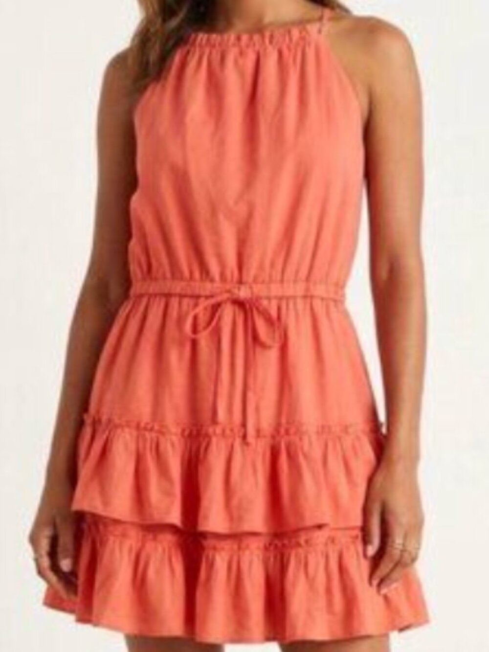 Bar III Coral Tiered Ruffle Halter Sundress Size L